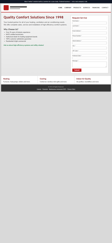 The same mock hvac homepage on a phone: the fixed-width layout shrinks to fit and the text becomes tiny