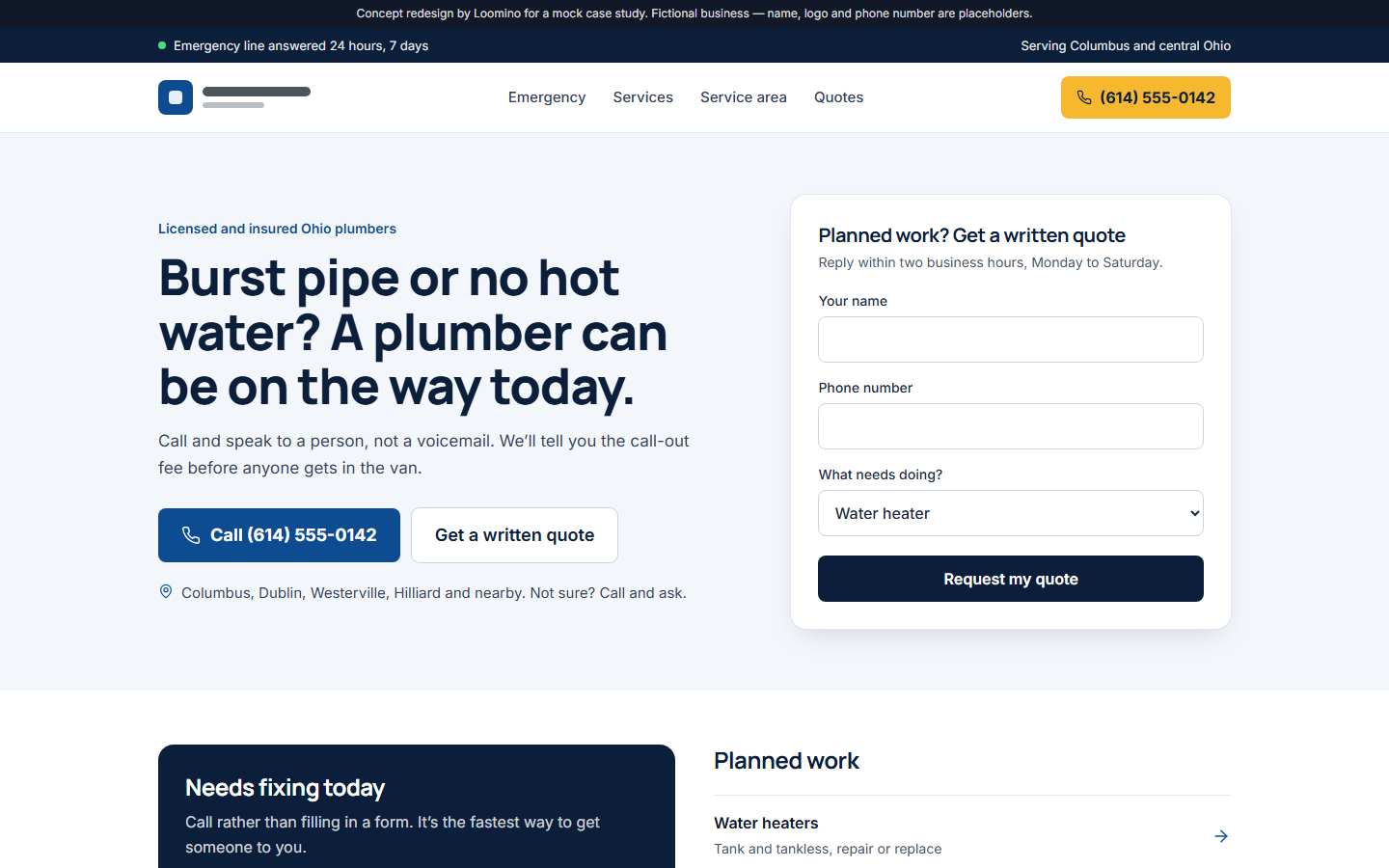 Desktop hero of the plumbing concept redesign